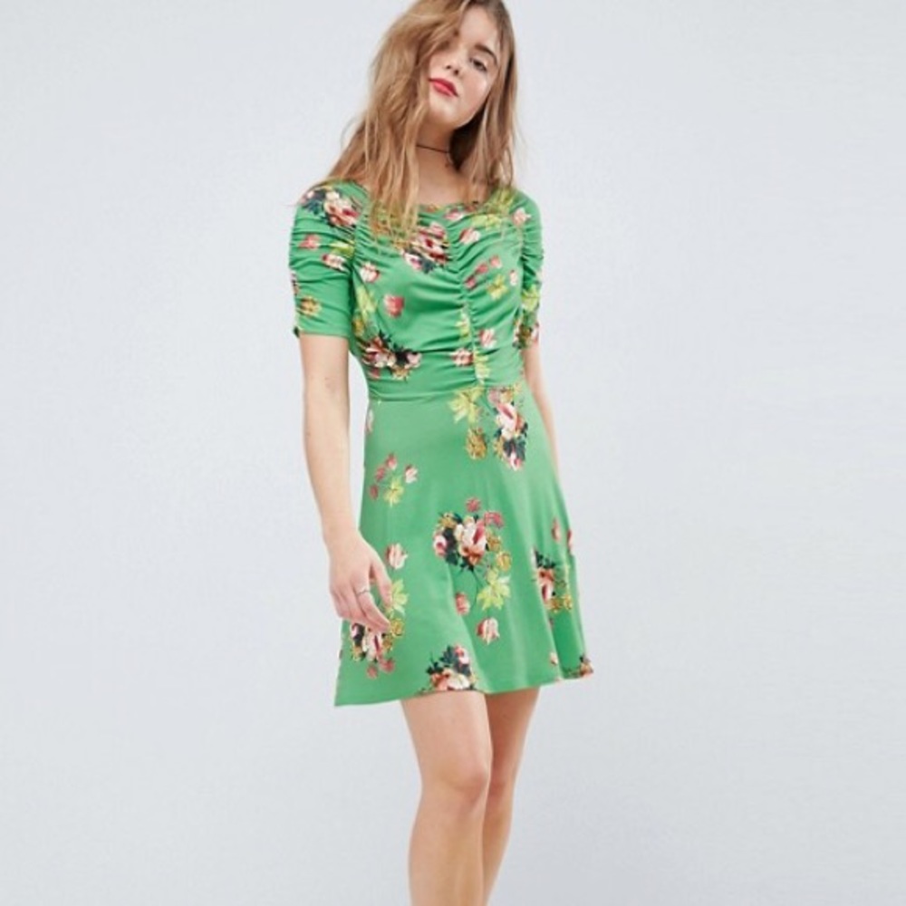 Asos Mini Tea Dress Rouching Detail Green Floral